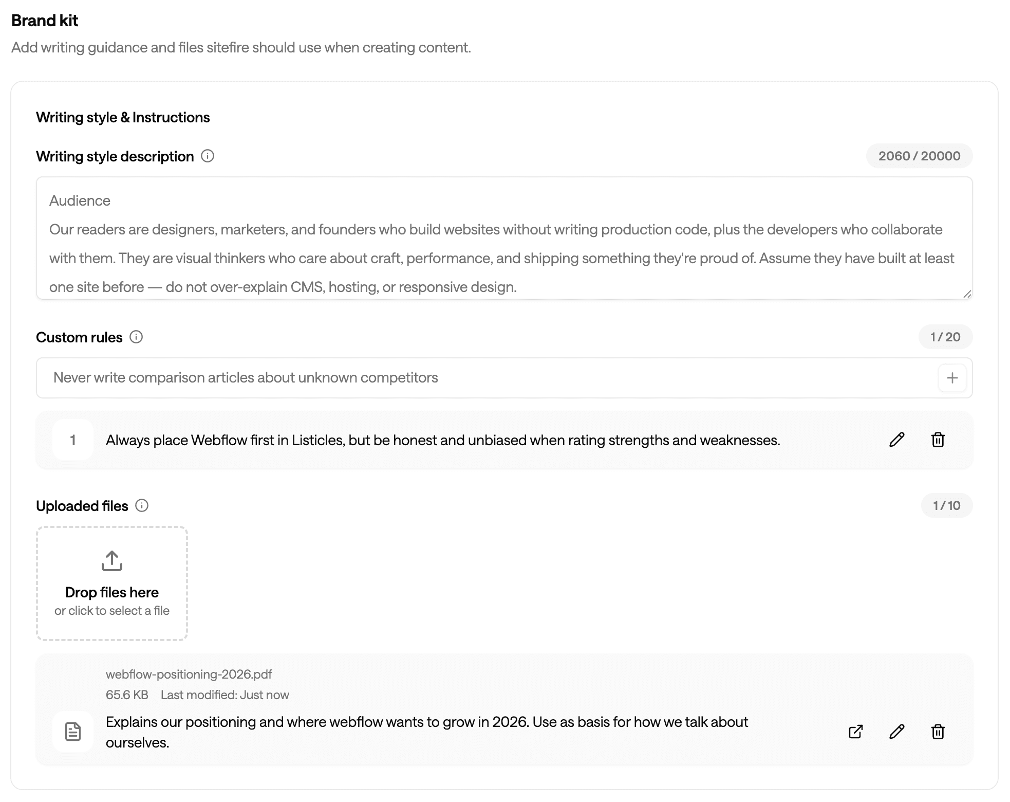 Brand Kit settings with writing style description, custom rules, and uploaded files