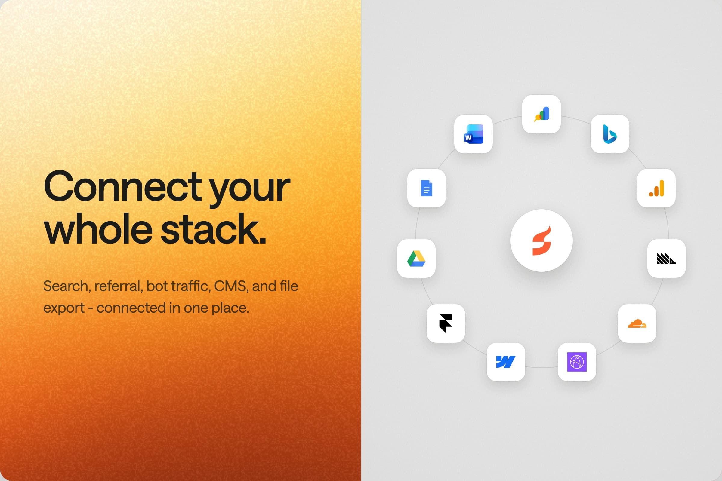 Connect your whole stack: search, referral, bot traffic, CMS, and file export connectors in one place