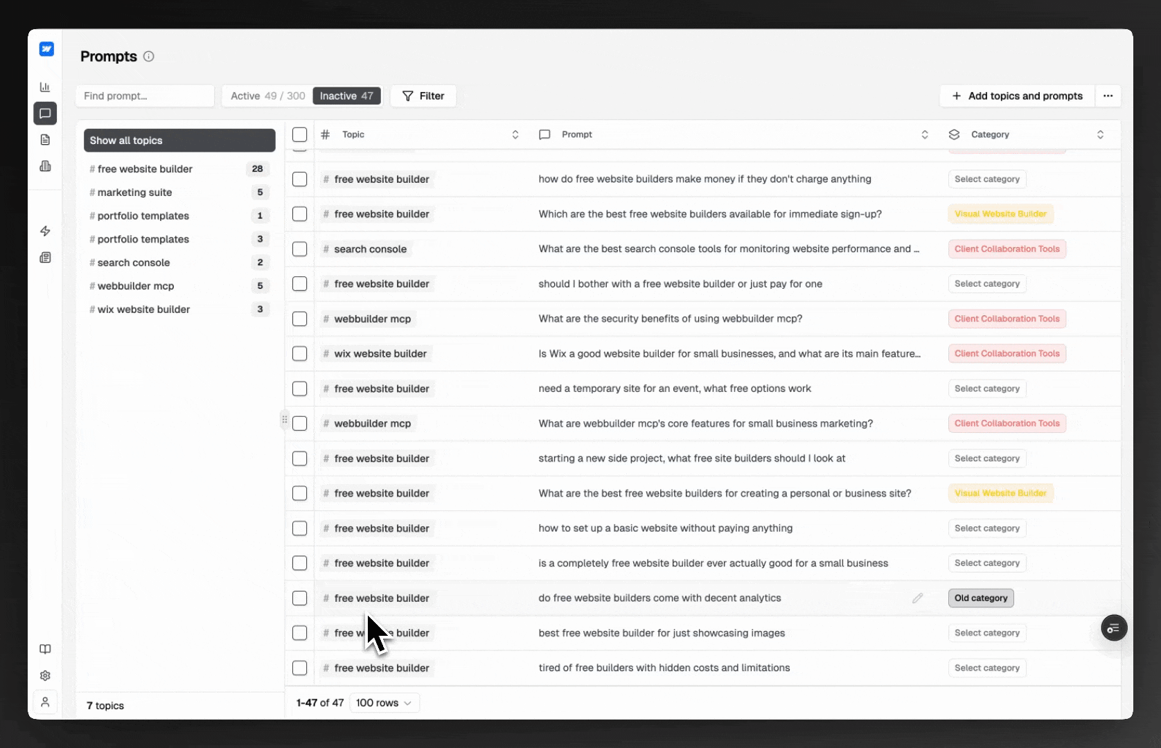 Removing a category from a prompt in Sitefire