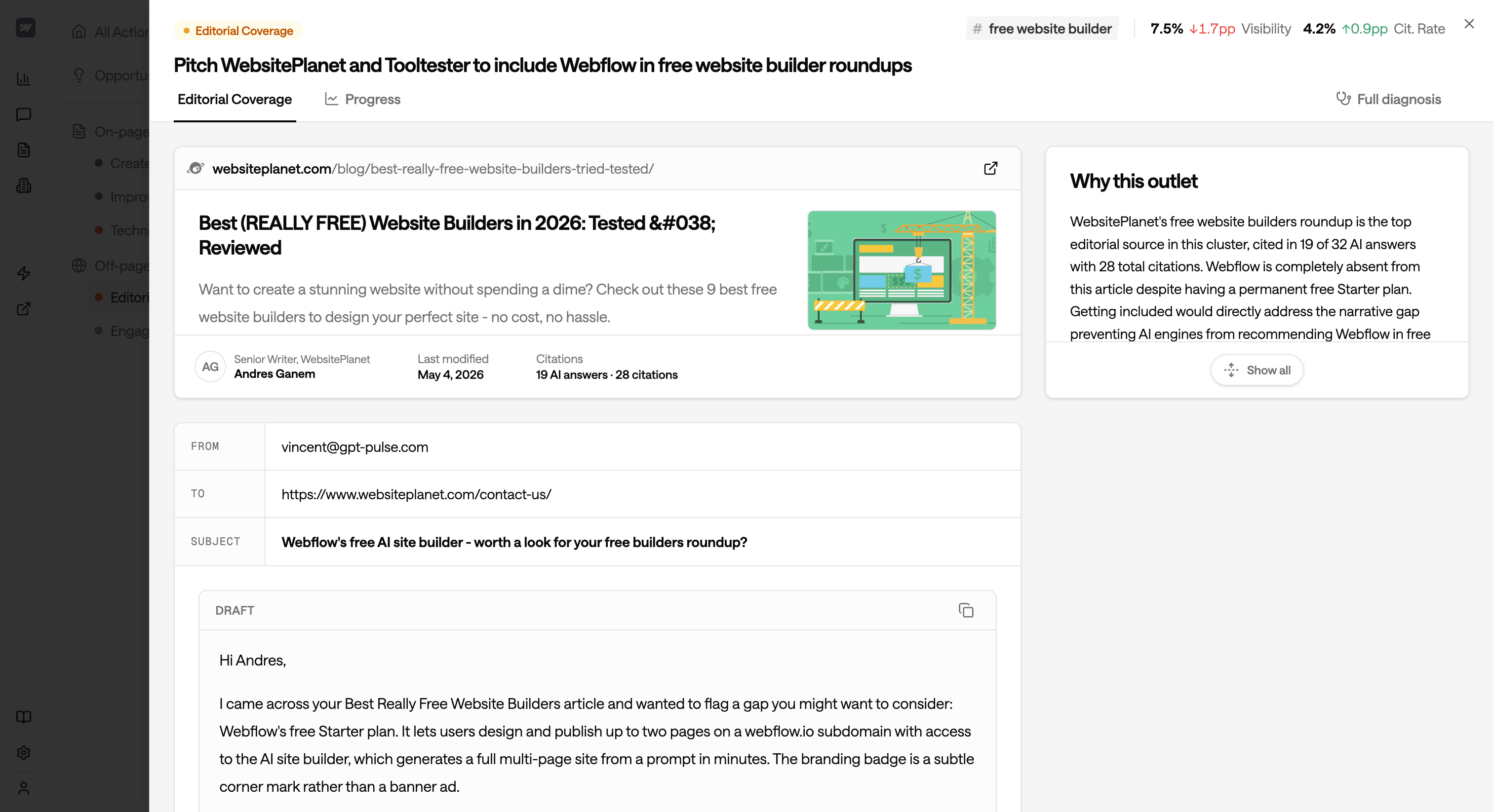 Editorial Coverage action with target outlet rationale, recipient, subject, and draft