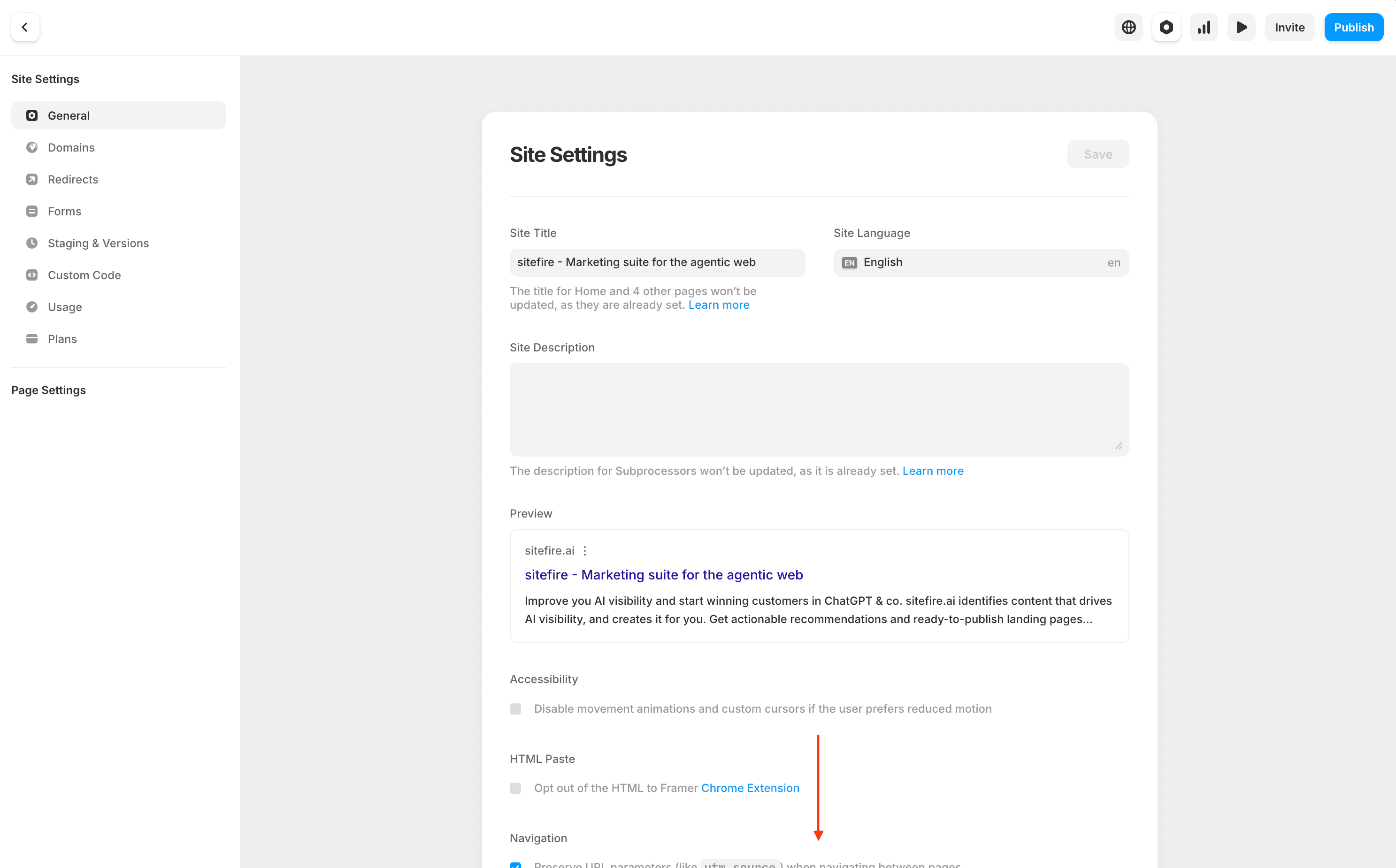 Framer Site Settings - General tab