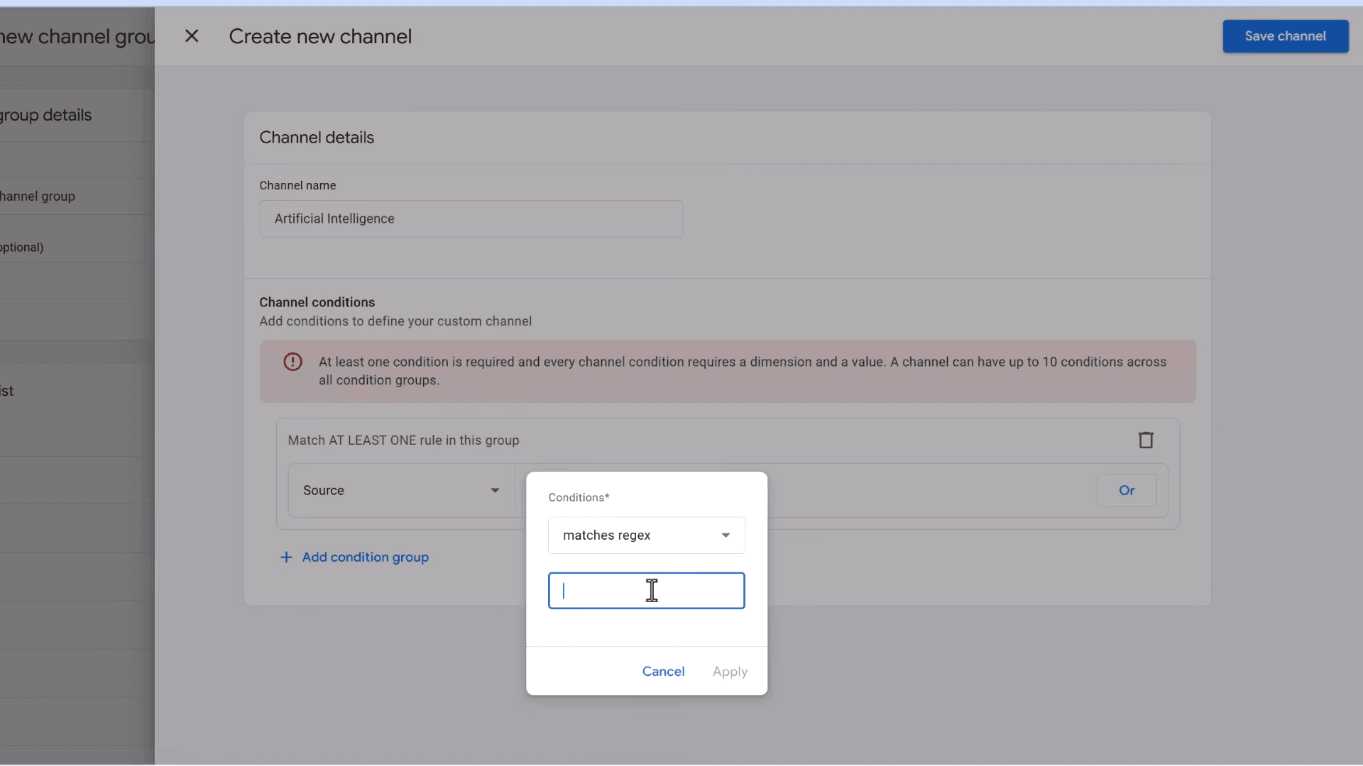 Configure AI channel with regex in GA4