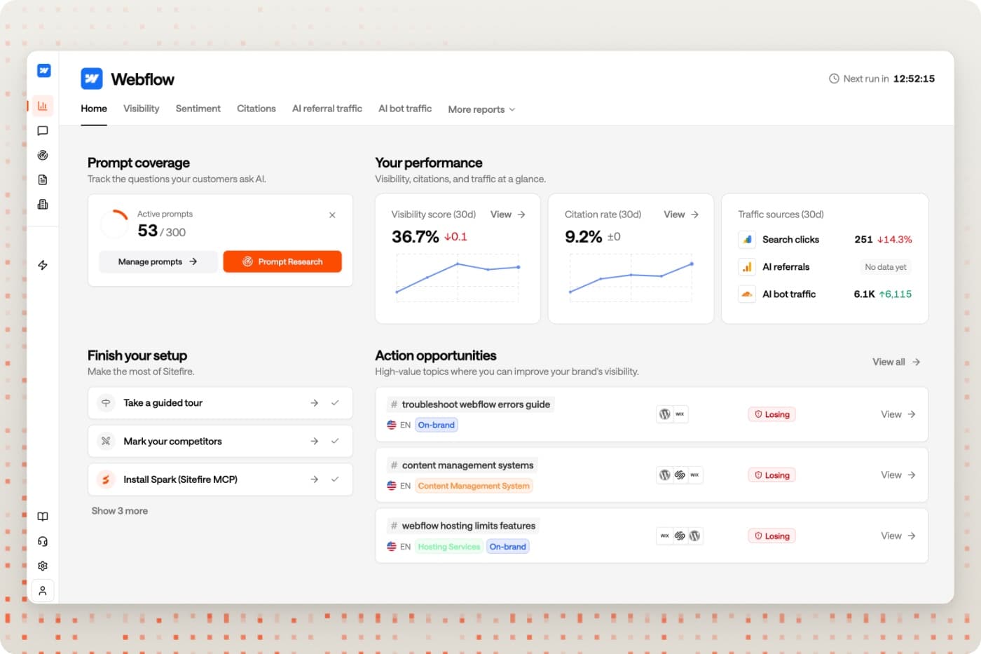 New Sitefire home screen with visibility, citation rate, and traffic at a glance