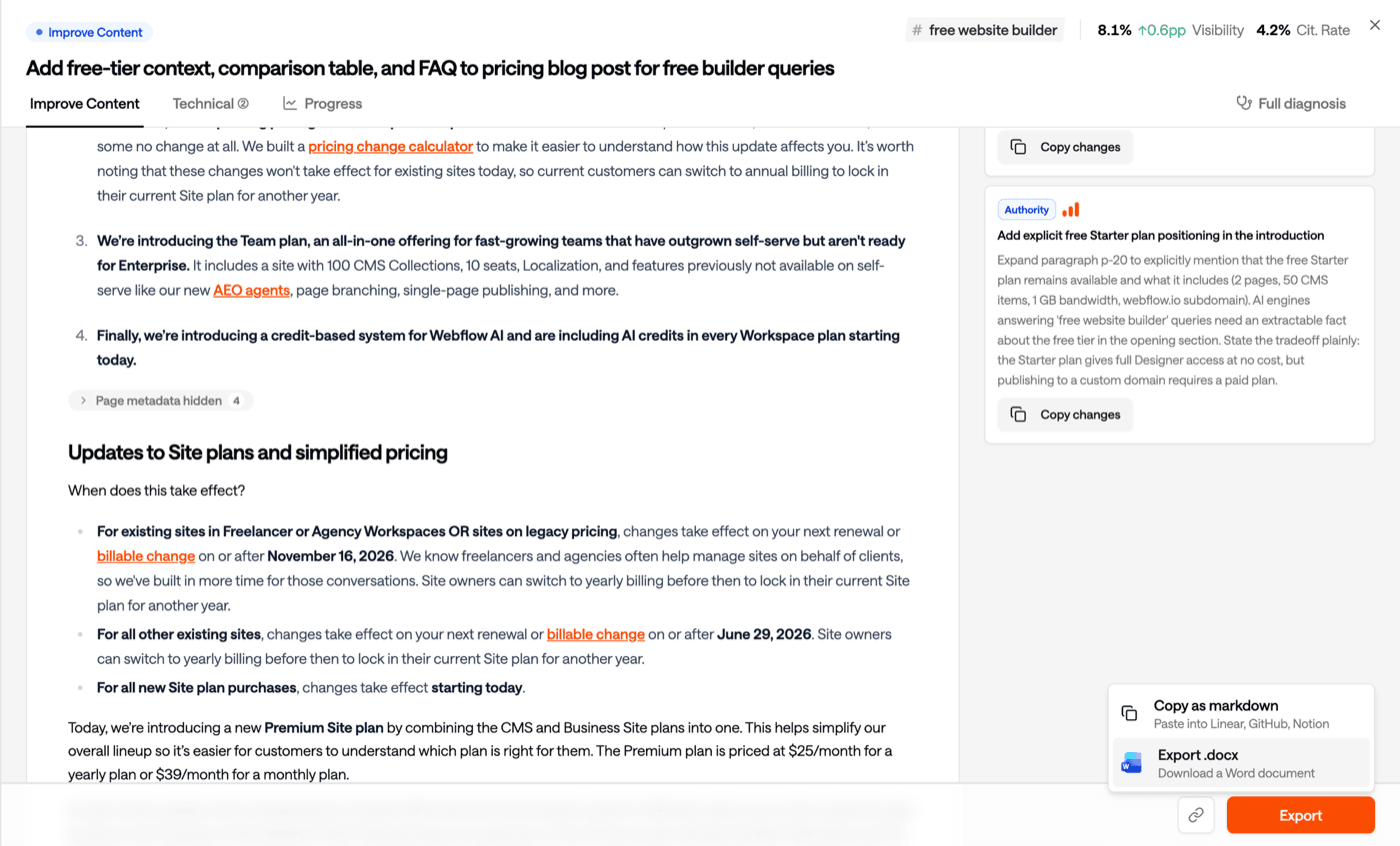 Improve Content with inline edits on the article and suggested changes in a side panel