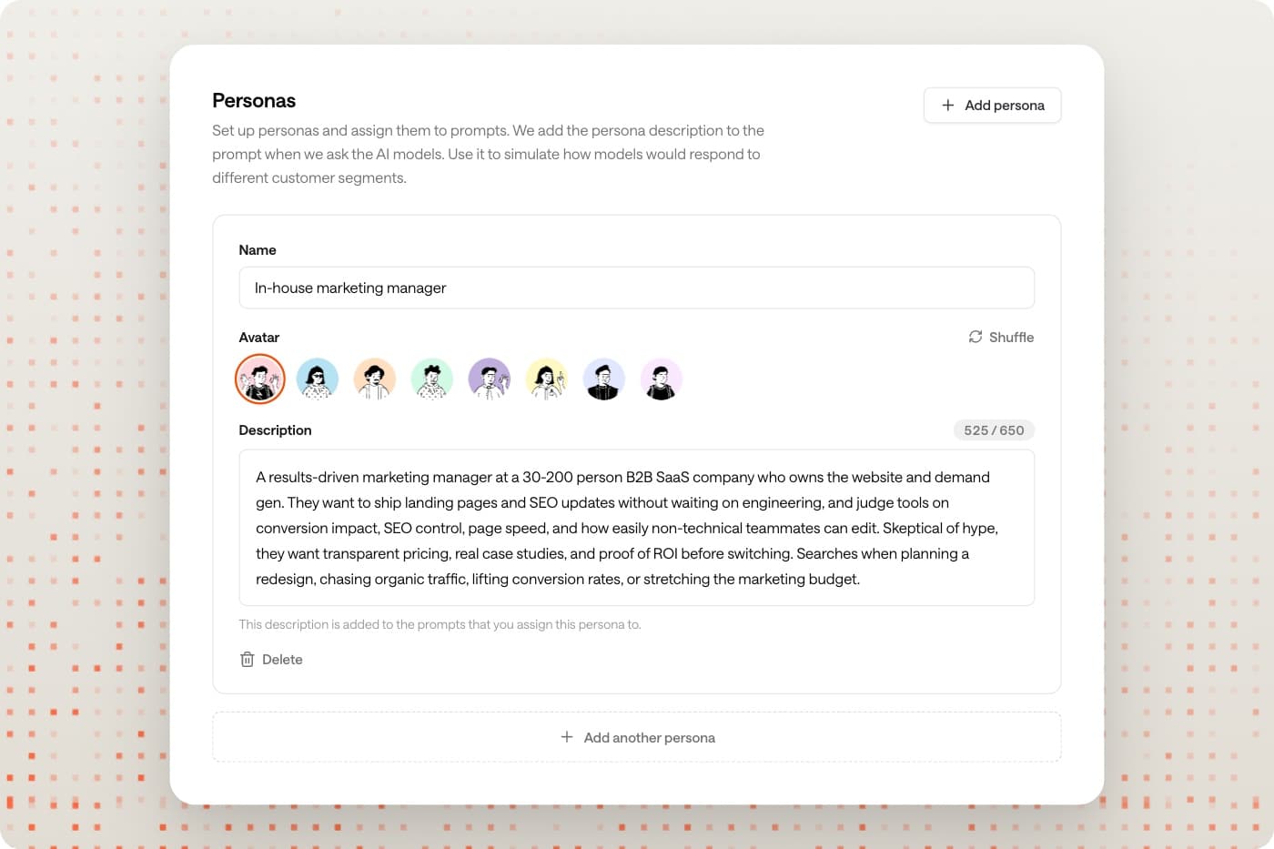 Personas in Settings, assigned to prompts and used as a dashboard filter