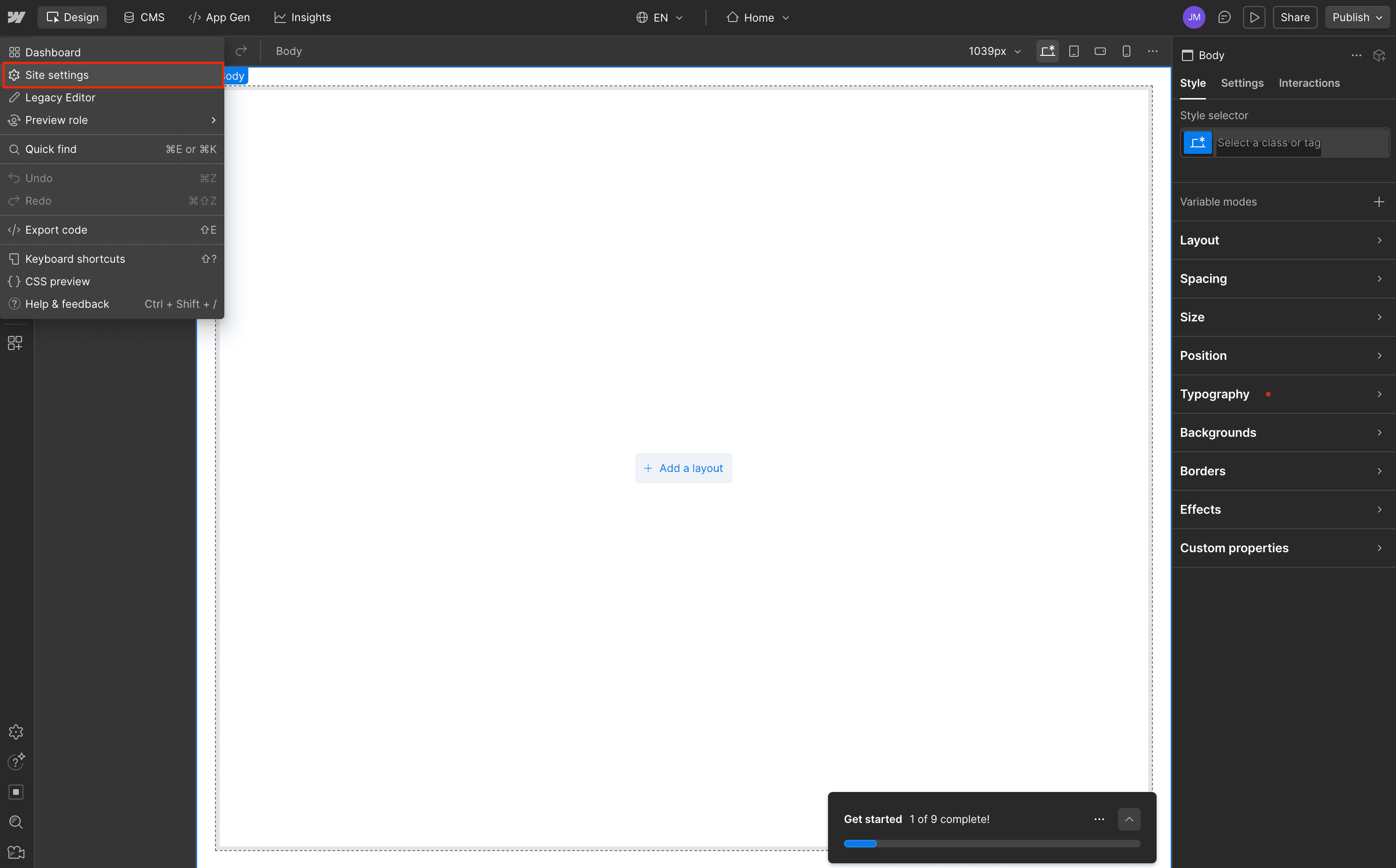 Open Site Settings in Webflow