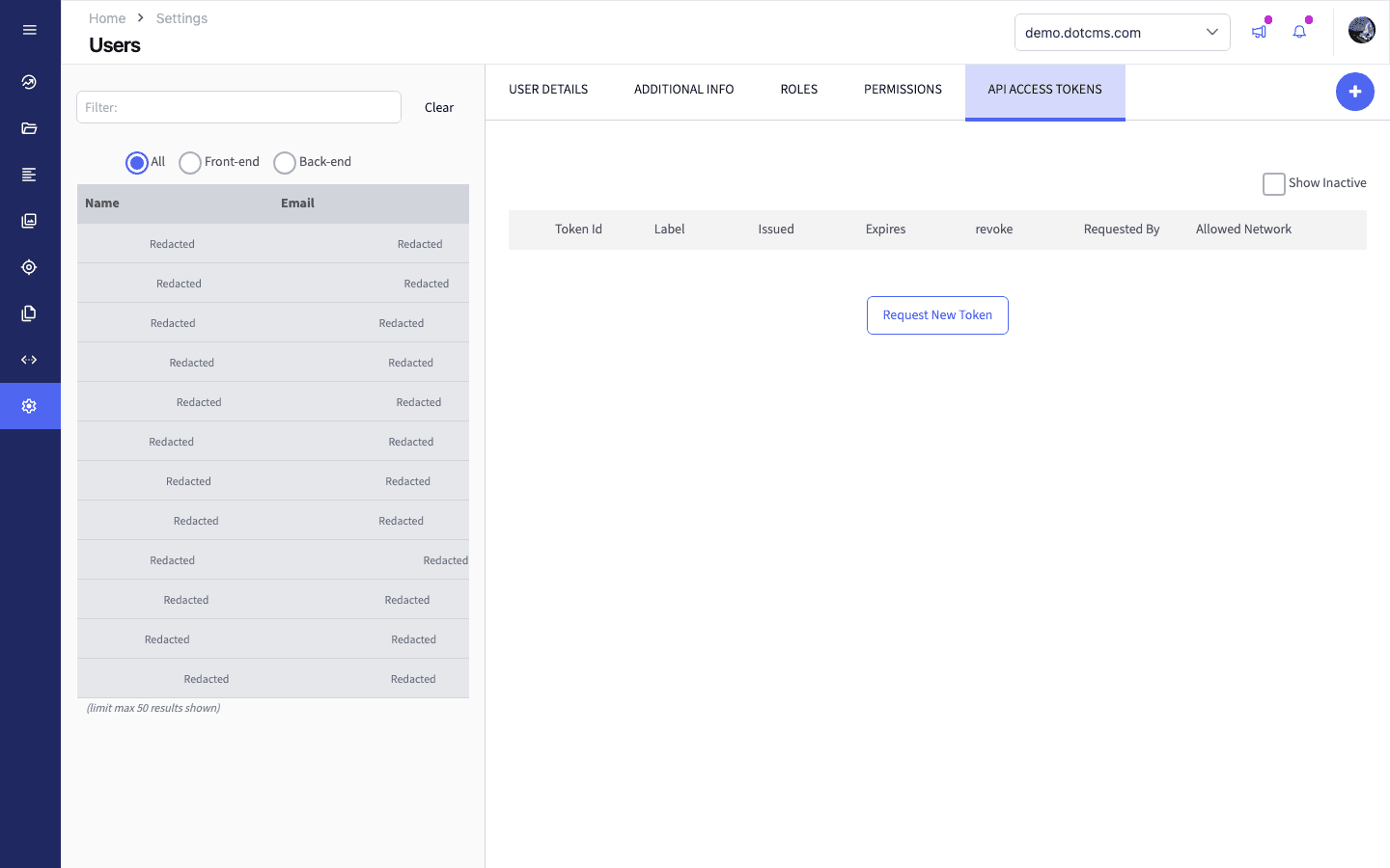 dotCMS API Access Tokens tab with the Request New Token button