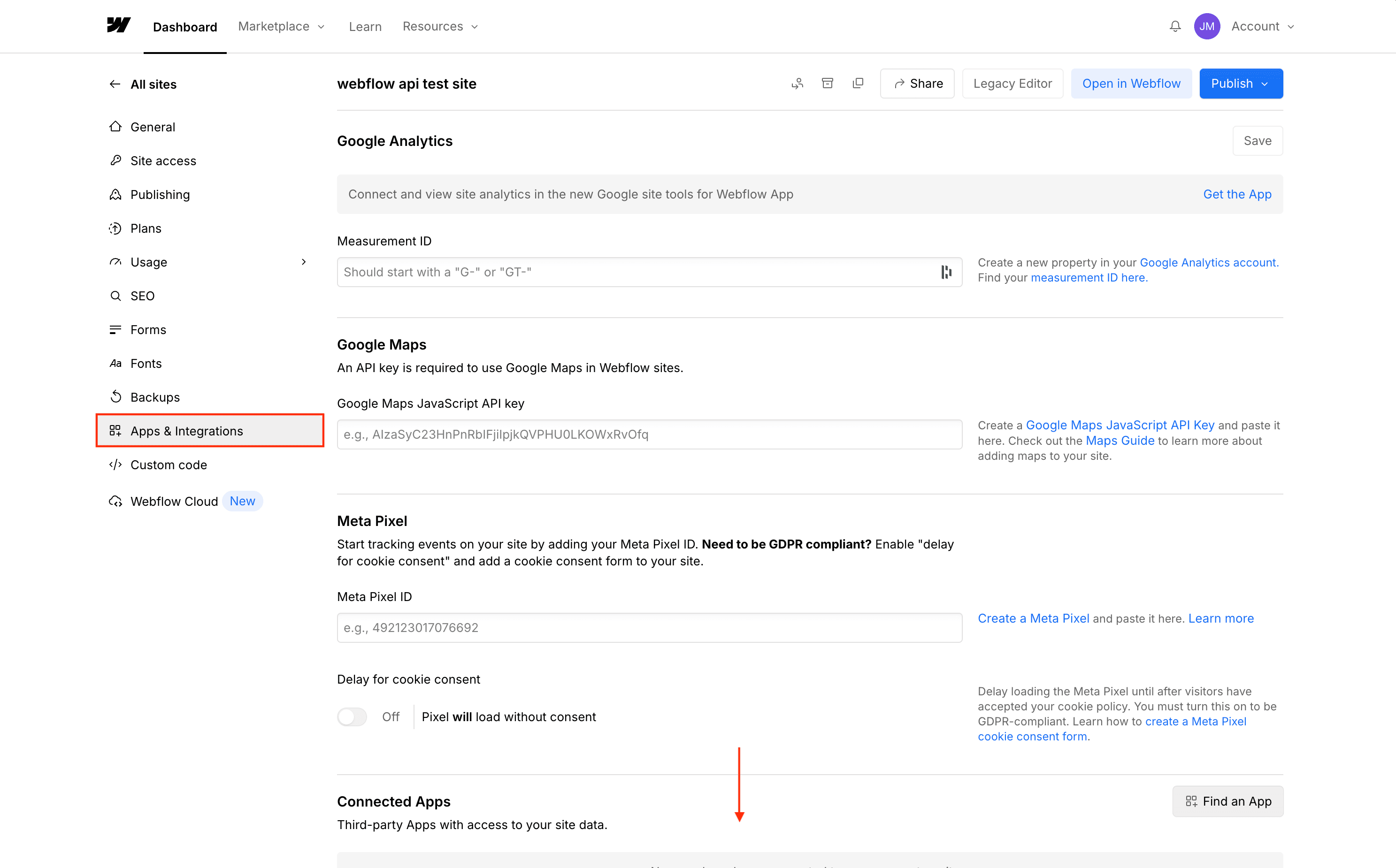 Apps & Integrations in Webflow sidebar