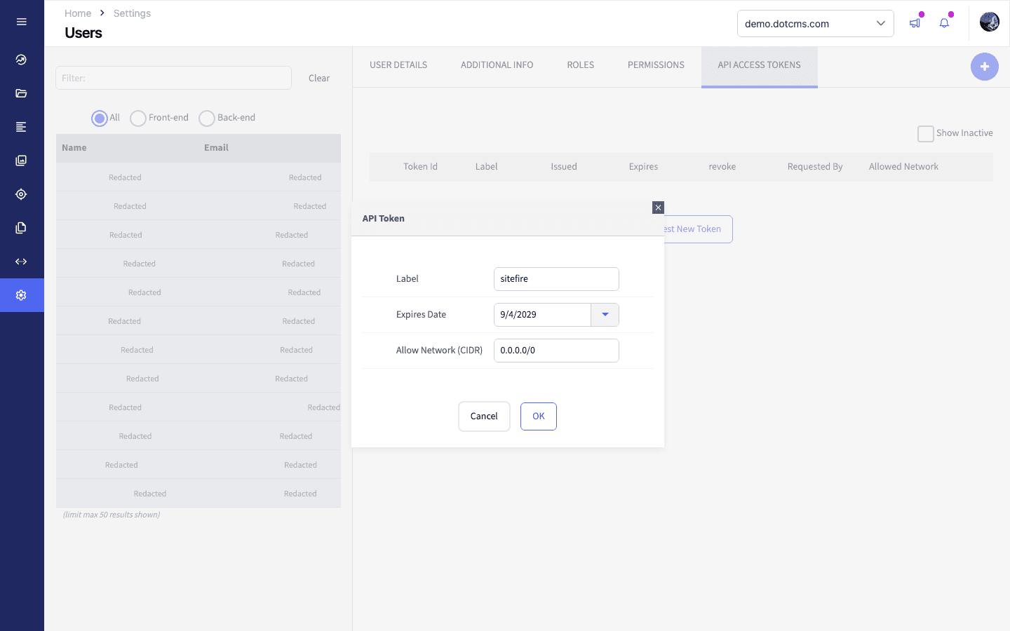 dotCMS new API token form with a Sitefire label, expiry date, and unrestricted network