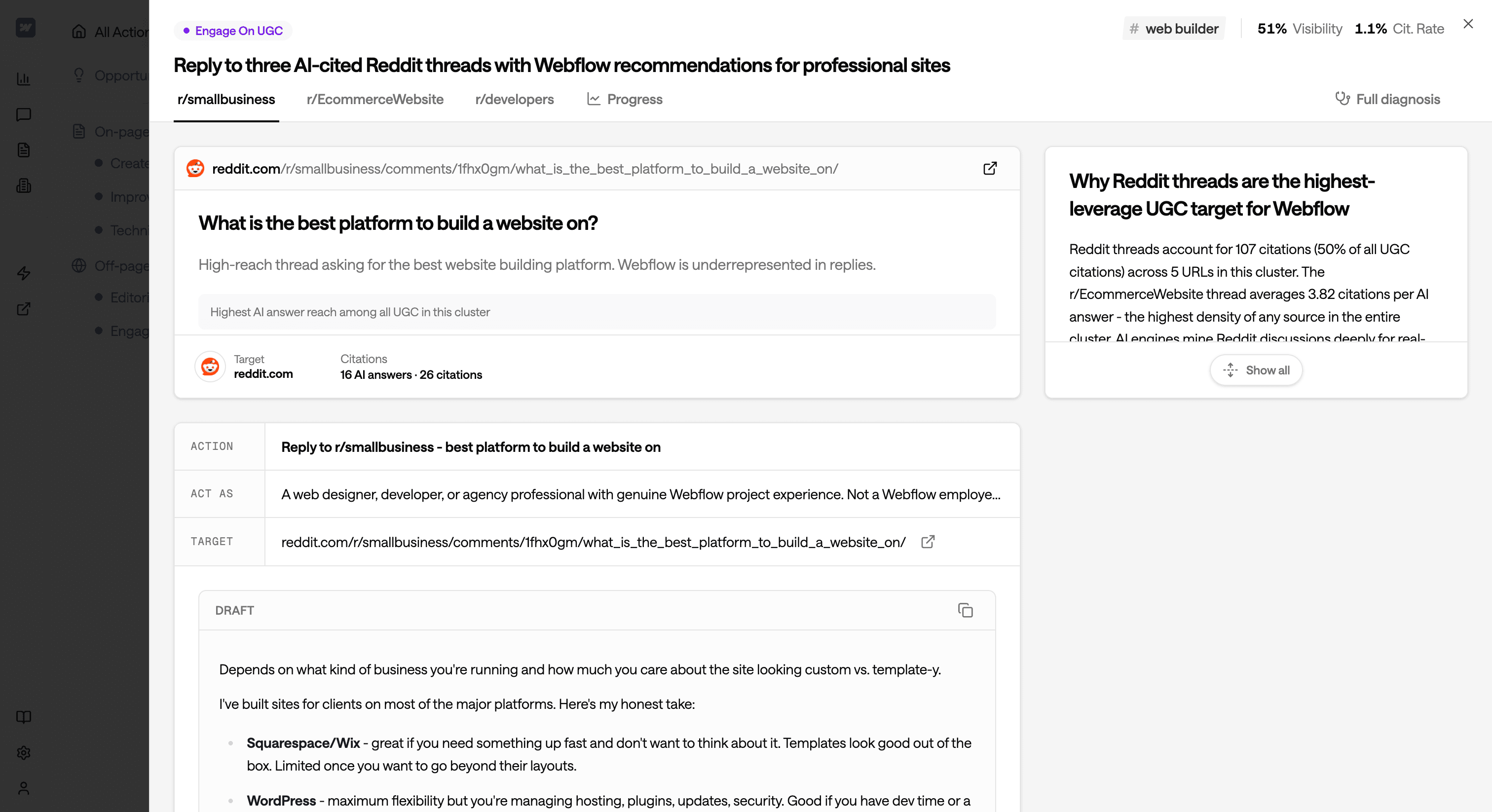 Engage with UGC action covering multiple Reddit threads with rationale, targets, and draft reply