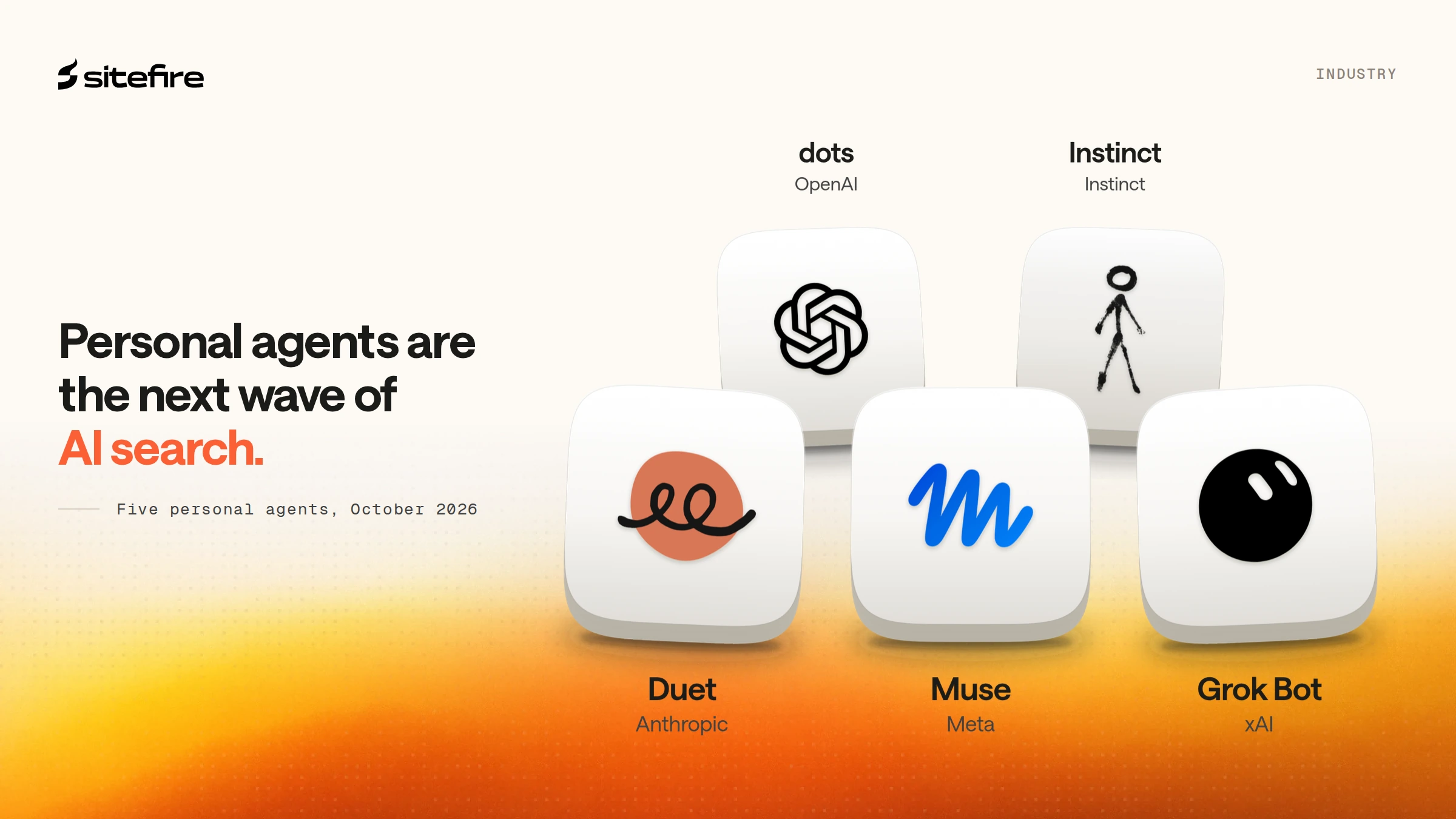 Cover with the headline 'Personal agents are the next wave of AI search.': the five personal agents as 3D app tiles in a group photo, OpenAI's dots and Instinct in the back row, Anthropic's Duet, Meta's Muse and xAI's Grok Bot in front