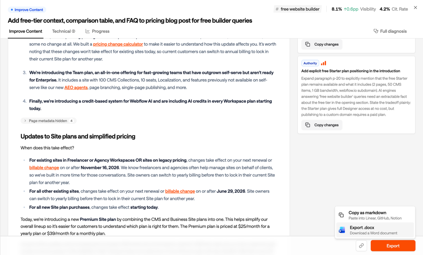 Improve Content with inline edits on the article and suggested changes in a side panel