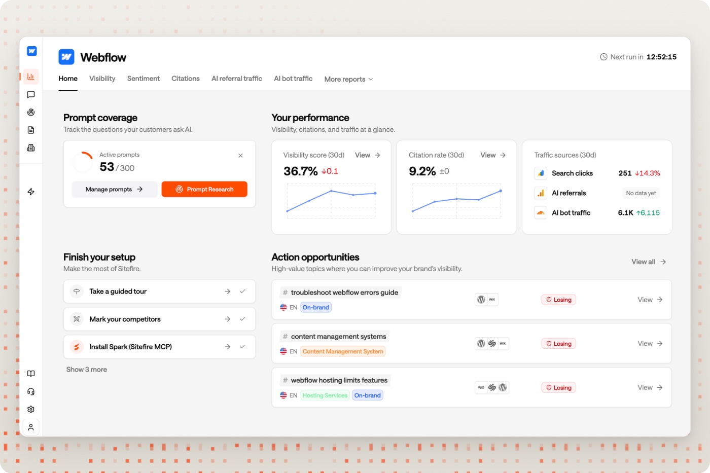 New Sitefire home screen with visibility, citation rate, and traffic at a glance