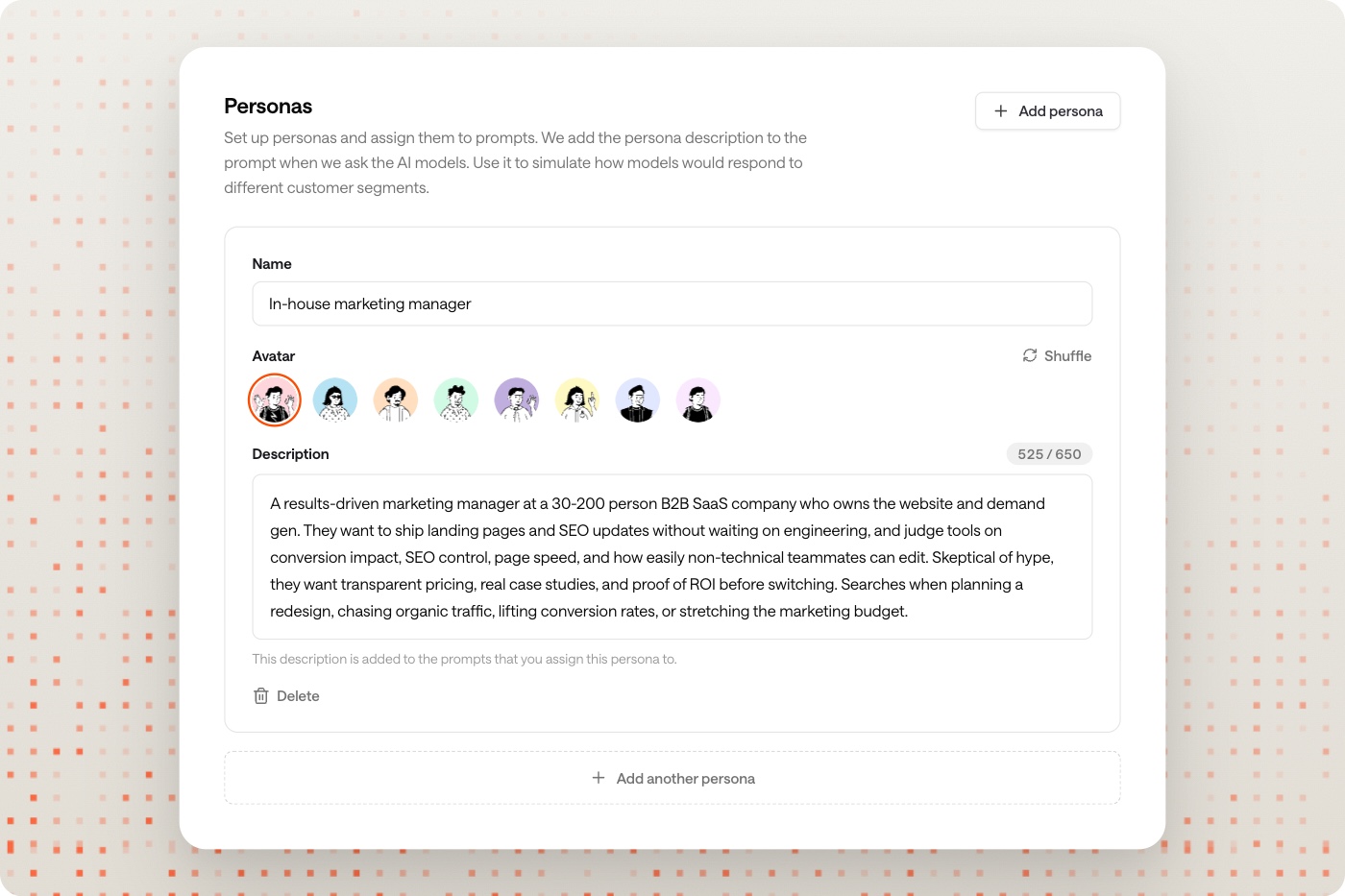 Personas in Settings, assigned to prompts and used as a dashboard filter