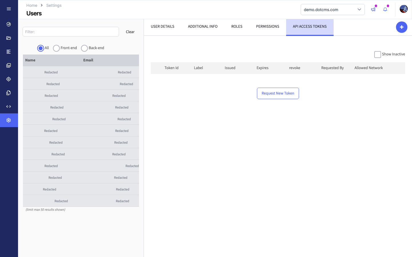 dotCMS API Access Tokens tab with the Request New Token button