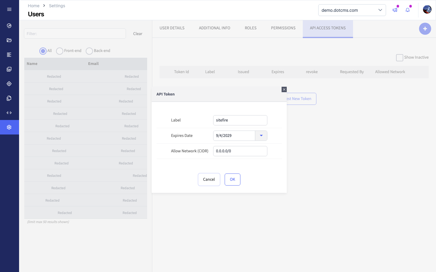 dotCMS new API token form with a Sitefire label, expiry date, and unrestricted network