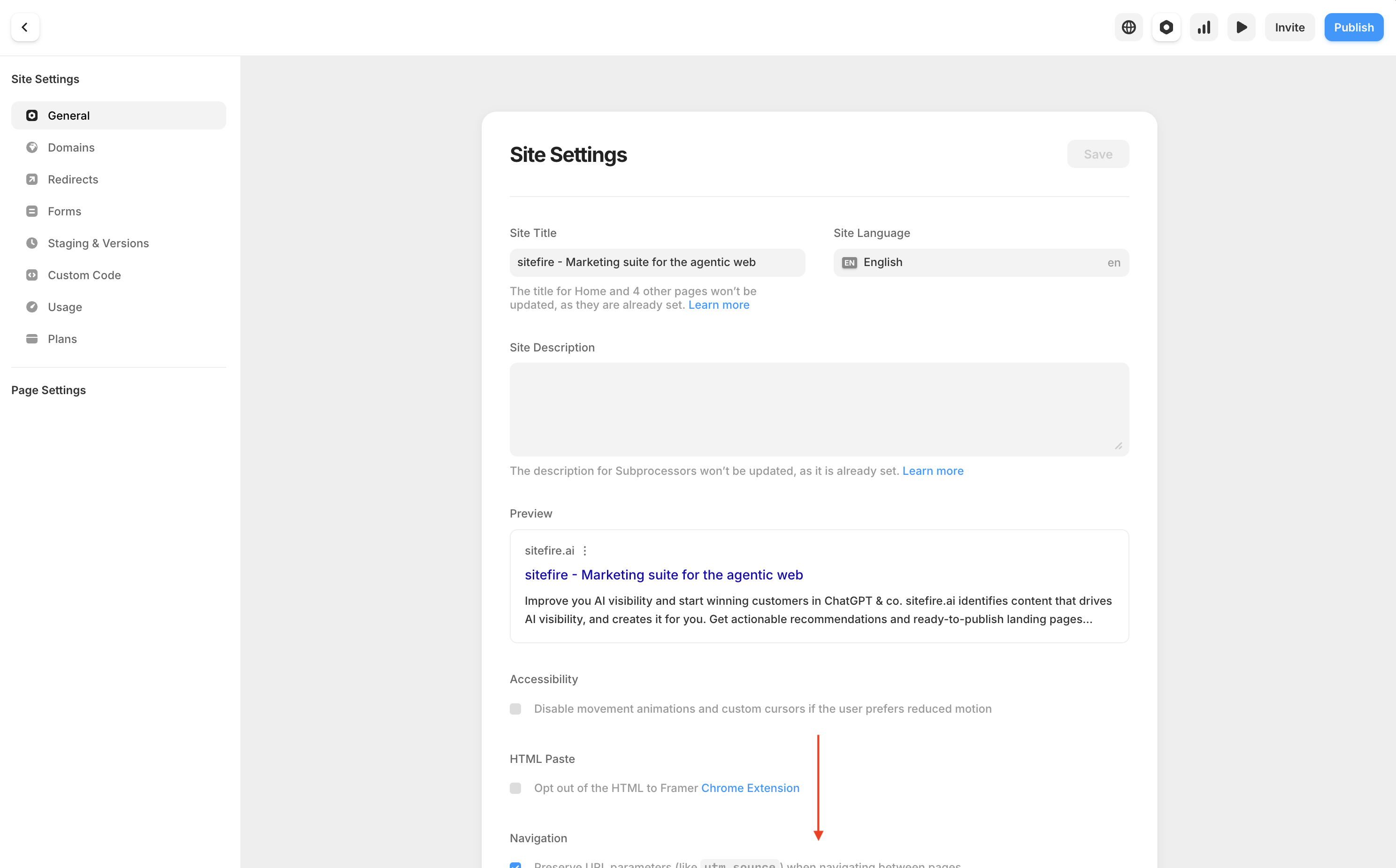 Framer Site Settings - General tab