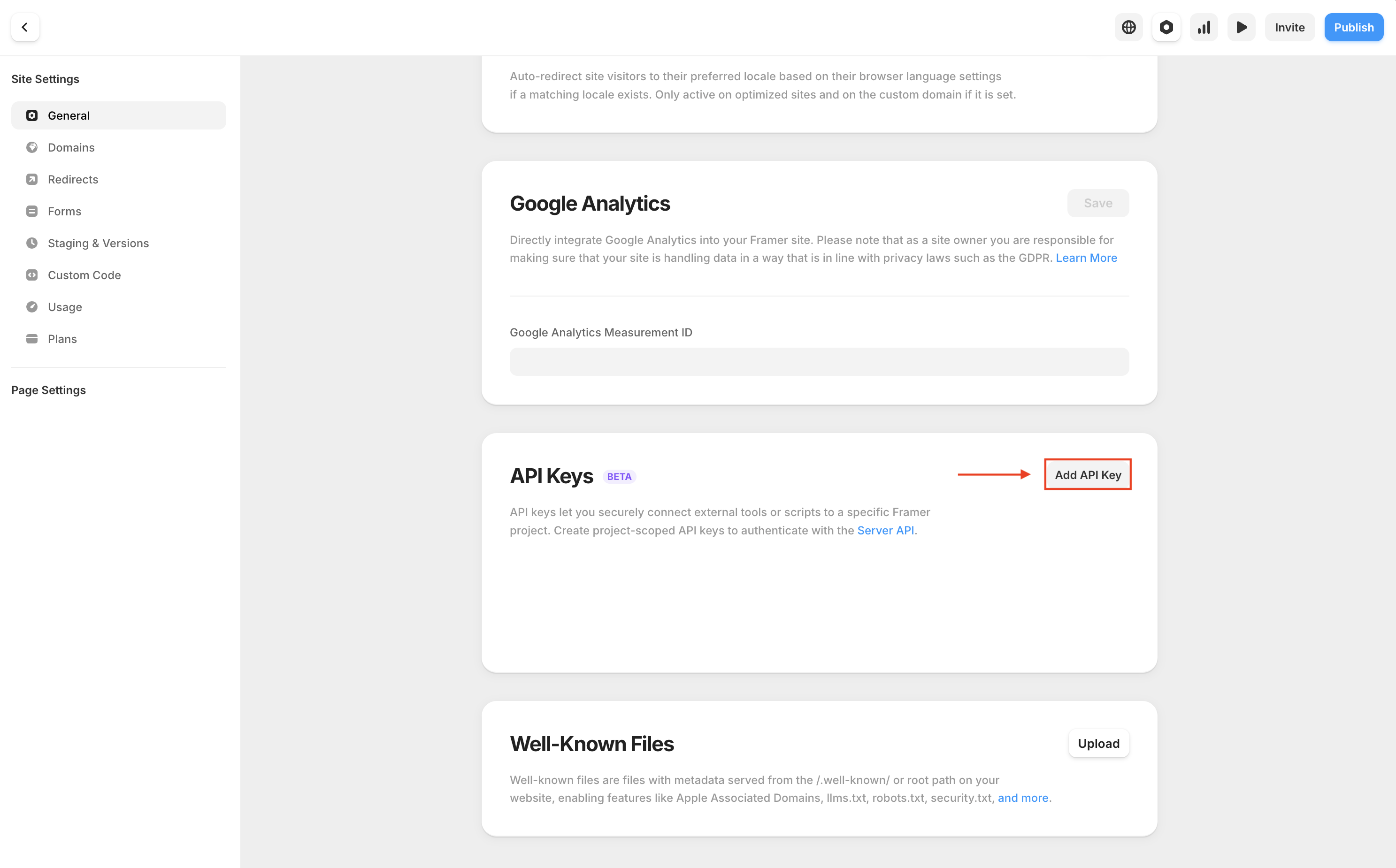API Keys section in Framer Site Settings