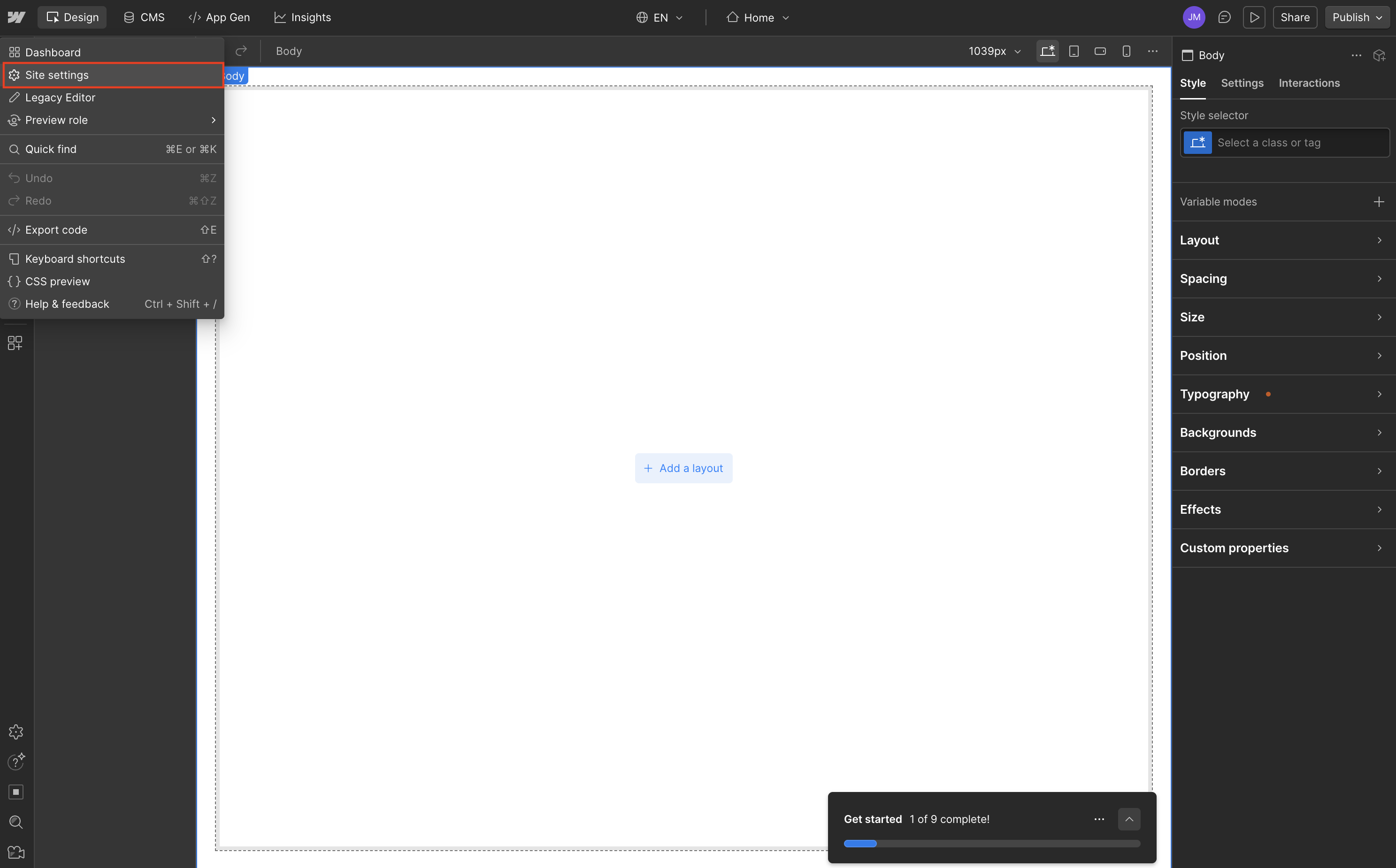 Open Site Settings in Webflow