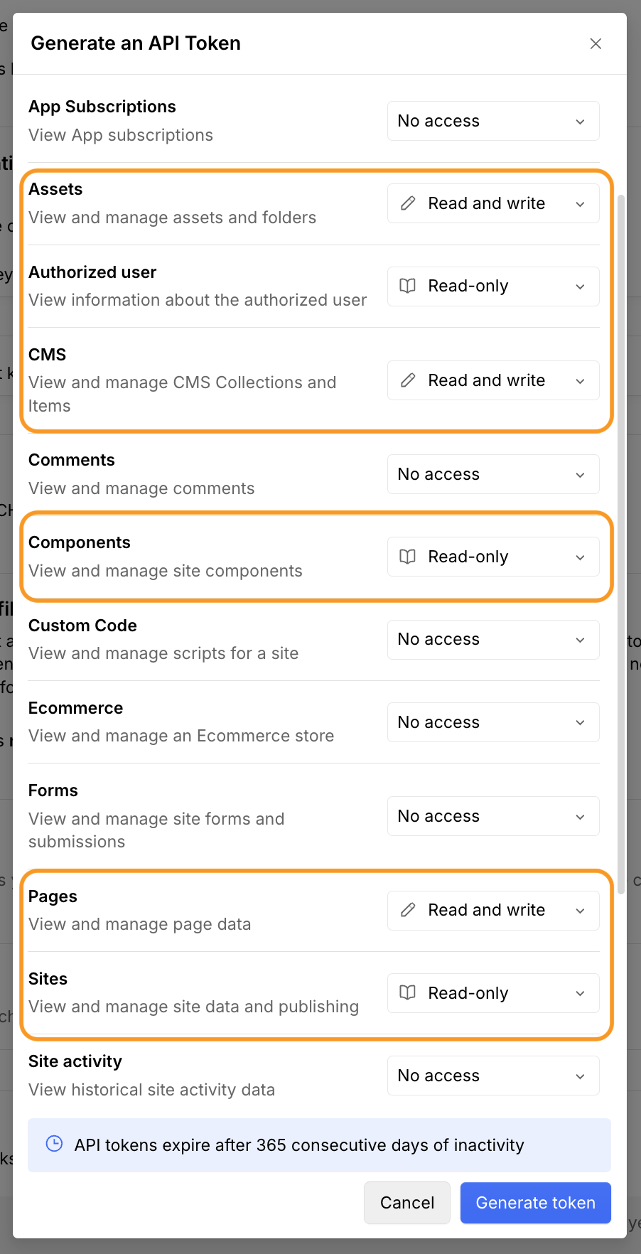 Webflow API token permissions