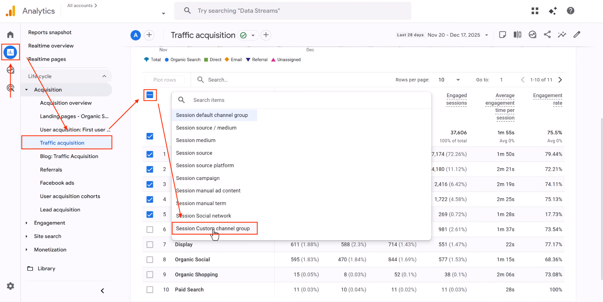 Switch to custom channel group in GA4 report